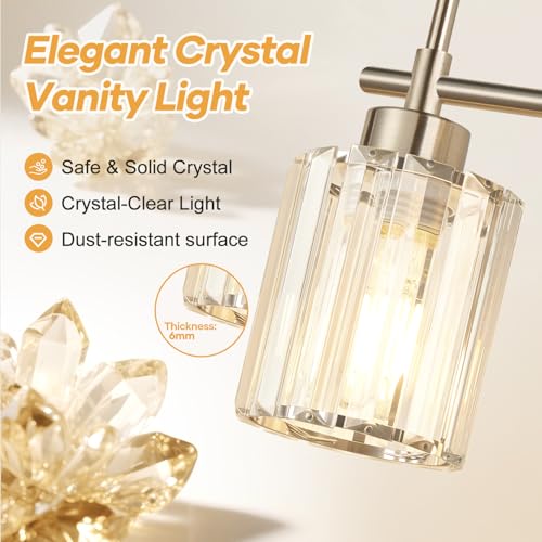 Image of 3-Light Bathroom Vanity Light Fixture, Brushed Nickel Bathroom Light with K9 Clear Crystal Shades, Modern Wall Sconce Lighting for Bathroom Mirror, Bedroom, Hallway