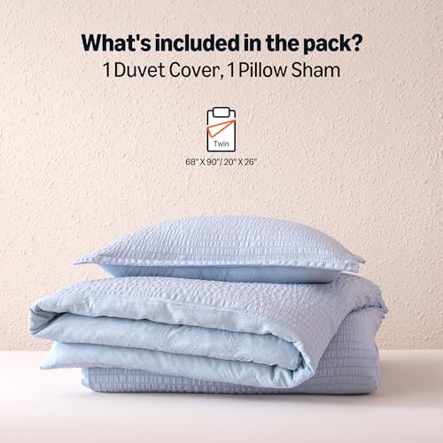Image of Amazon Basics Duvet Cover Set Jacquard Geometric 2-Piece, with 1 Duvet Cover and 1 Pillow Sham, Comforter Not Included, Twin, Blue Striped
