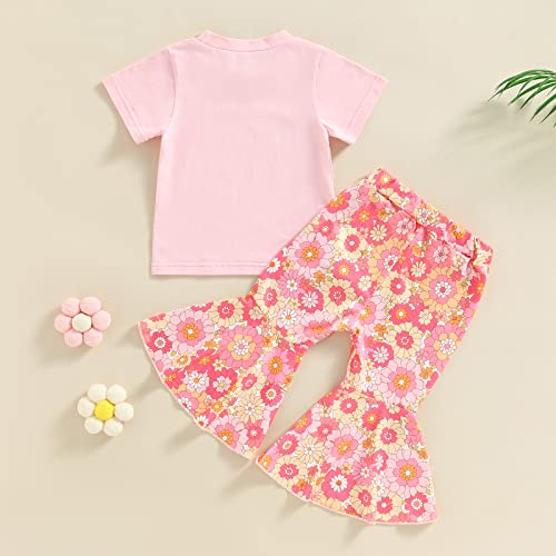 Toddler Summer Clothes Baby Girl Bell Bottom Outfit Short Sleeve Rainbow Print T-shirt Tops+Floral Flare Pant Set2