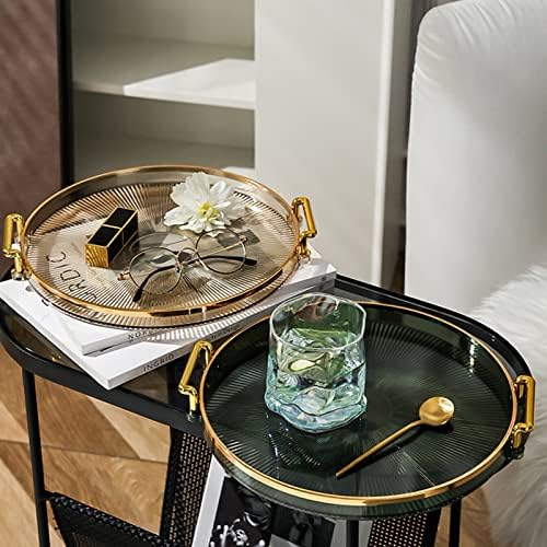 DIYARTS Round Serving Tray with Golden Handles, Acrylic Decorative Tray for Coffee Tea, Reusable Luxury Food Serving Tray for Home Restaurant, Table, Bar Drinks, Breakfast, Fruit (Brown)