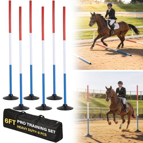 Neoaider 6 FT Pole Bending Poles for Horses 3-Color Combination High Visibility 6 PC Agility Poles w/Rubber Bases Waterproof Storage Bag Ideal for Equestrian Soccer Football Pet Training
