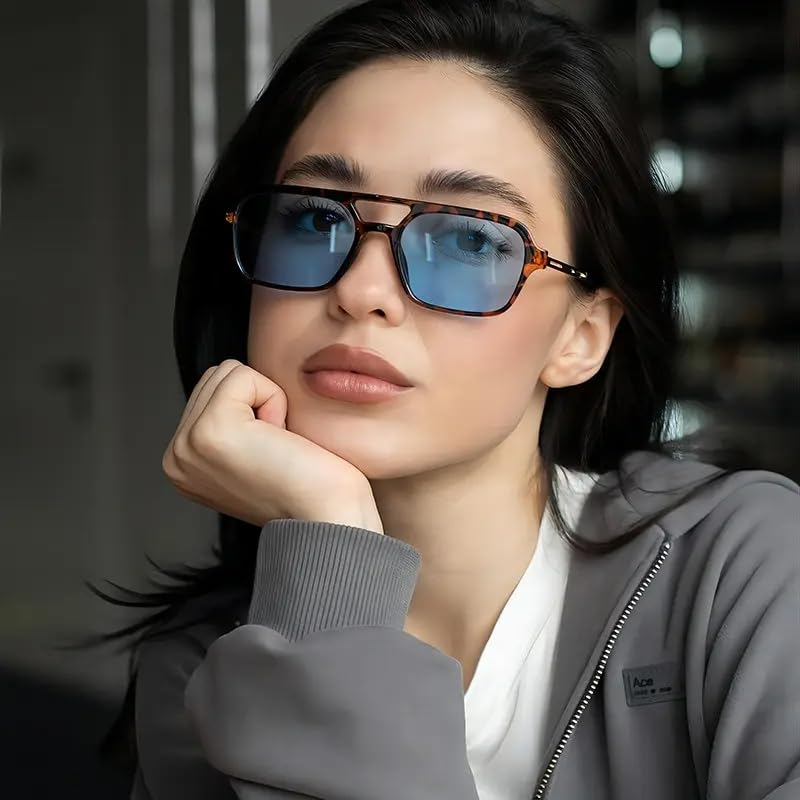 Image of Retro Flat Square 70's Aviator Double Bridge Metal Sunglasses for Men Women | Anti Blue UV Protection Zero Power Stylish Computer Night Driving Glasses | Trendy Branded Goggles