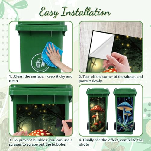 Image of Peacoblue Wheelie Bin Stickers 2 Sheets Mushrooms and Forest Sticky Dustbin Stickers Decals, 15 inch x 32 inch Waterproof Large Wraps for Trash Cans Bins Fridges Door Wall Garden Outdoor Indoor Patio Decor