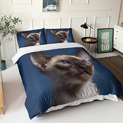 Gato siamés Impresión En 3D Juego De Ropa De Cama Funda Nórdica De 3 Piezas Gato siamés Funda De Edredón,Microfibra Hipoalergénica,Fundas De Almohada,con CremalleraKing(220x240cm)
