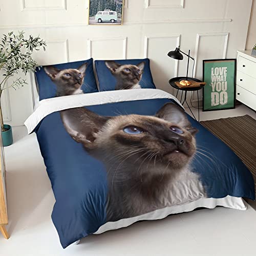 Gato siamés Impresión En 3D Juego De Ropa De Cama Funda Nórdica De 3 Piezas Gato siamés Funda De Edredón，Microfibra Hipoalergénica，Fundas De Almohada，con CremalleraKing（220x240cm）