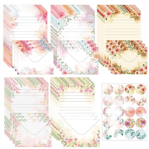 Juego de 65 Sobres de Papel de Carta con Flores,30 Hojas Tamaño Carta A5,15 Sobres y 20 Pegatinas Sellado,Bonito Juego Papelería para Cartas Amor Invitaciones Creativas Día Madre (Flores-B)