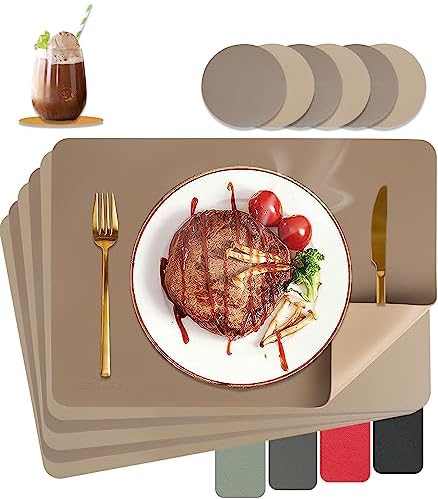 HELI MIAO Tischsets Abwaschbar,Platzsets Abwischbar, Leder,Hitzebeständig Doppelseitigen I 6er Set Platzdeckchen Lederoptik mit Untersetzer,Tischuntersetzer rutschfest,braun+Tan