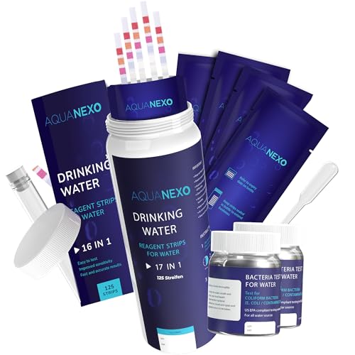 AQUANEXO 18 Parameter, 125 Trinkwasser Teststreifen (5x25)+ 2x Coliforme Bakterien Test, pH Teststreifen, Wassertester Trinkwasser, Wasserhärte messen, Trinkwassertest, Wasserhärte Teststreifen