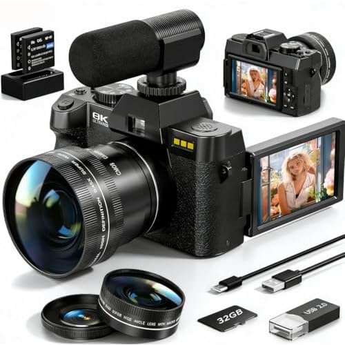 8K Digital Cameras for Photography,64MP vlogging Camera with 180°Flip Screen，16X Zoom，2 Batteries&32GB TF Card, WiFi,Microphone, Wide & Macro Lens Kit (Black)