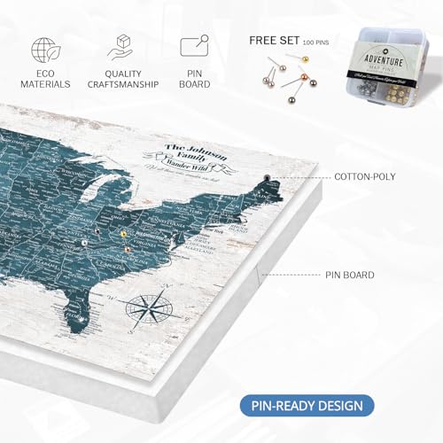 Image of IPIC - Large Custom USA Map Wall Art, Push Pin Map with Custom Names to Track Your Travels, Vintage Teal Farmhouse Style Framed Canvas Wall Decor for Home, Office or RV, Ready to Hang