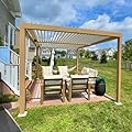 PURPLE LEAF 10' x 12' Louvered Pergola Outdoor Wood Grain Aluminum Pergola with Adjustable Roof Retractable Patio Rainproof Hardtop Gazebo for Deck Backyard Garden