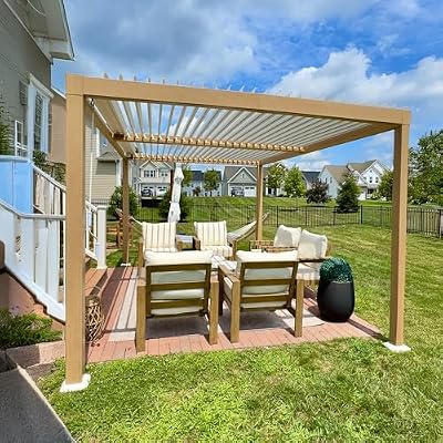 PURPLE LEAF 10' x 12' Louvered Pergola Outdoor Wood Grain Aluminum Pergola with Adjustable Roof Retractable Patio Rainproof Hardtop Gazebo for Deck Backyard Garden