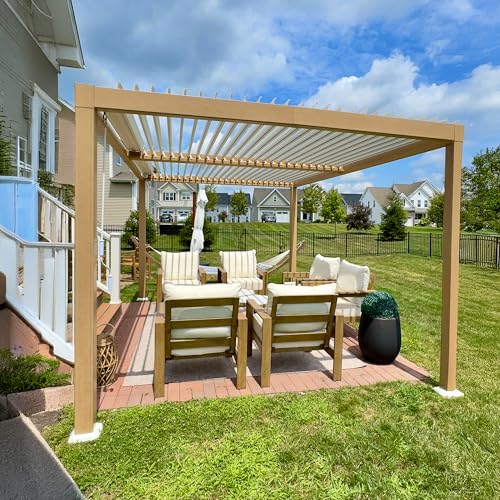 PURPLE LEAF 10' x 12' Louvered Pergola Outdoor Wood Grain Aluminu...