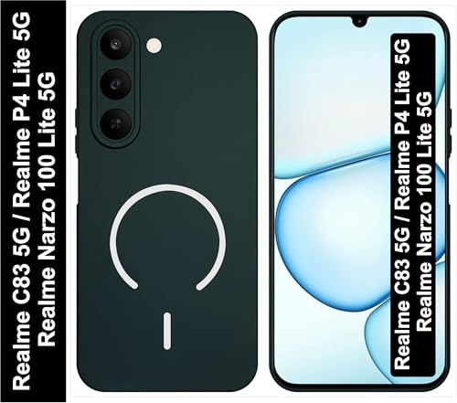 Image of SBMS Silicone Back Cover Case for Realme C83 5G /Narzo 100 Lite /P4 Lite | Soft Micro-Fibre Lining Inside | Magsafe Print On Back Side Camera Protection Bump | Shockproof Case Realme C83 5G (Green)