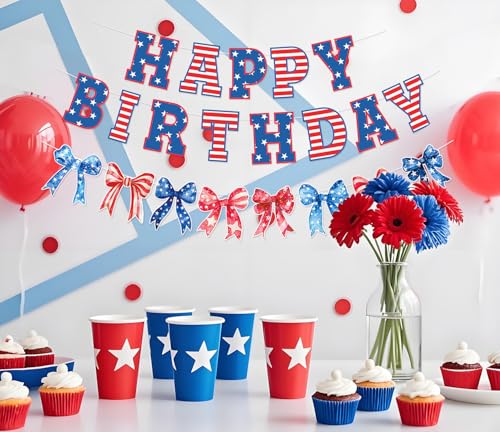 Image of Bow Patriotic Happy Birthday Banner,4th /Fourth of July Decorations, Red White and Blue Independence Day Birthday Garland, Memorial Day Decorations for Indoor Outdoor
