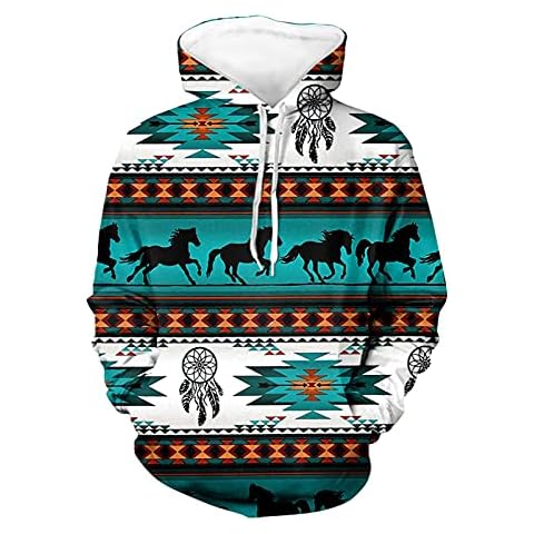 Frestree Southwestern Native Tribal Style Hooded Sweatshirts Navajo Aztec Horse Print Hooded Pullover for Women Men Unisex Long Sleeve Drawstring Hoodies Sweater Athletic Sports Tops & Tees, Gifts Cover