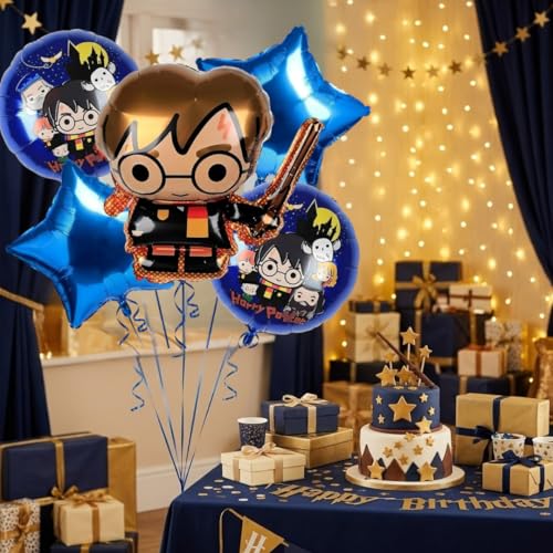 Image of Wanna Party Magician Boy Theme Foil Balloon Bouquet Set - 5PC Helium Supported Magic Birthday Balloons for Kids Party, Cake Table, Backdrop & Photo Booth Decor