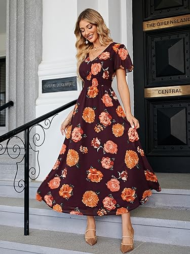 Image of Simplee Women's Boho Floral Maxi Dress Flowy Casual V Neck Short Sleeve Wedding Guest Holiday Beach Long Dress