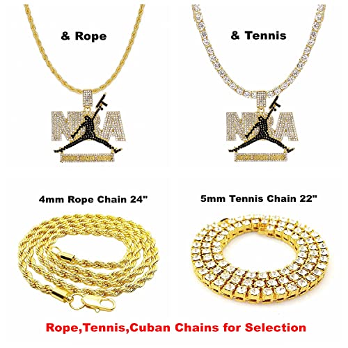 HH BLING EMPIRE Iced Out Nba Pendant Silver Gold Young boy Chains for Men,Hip Hop Diamond Tennis Chains 24 Inches (Big-Black-Gold, & Rope) - Thumbnail 2