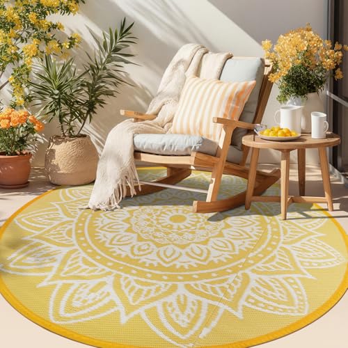 Round Outdoor Rug 6ft Waterproof Reversible Boho Plastic Straw Patio Deck Camping Rugs Indoor Outdoor Portable RV Mat Carpet for Outside Porch Balcony Backyard Beach Pool Yellow