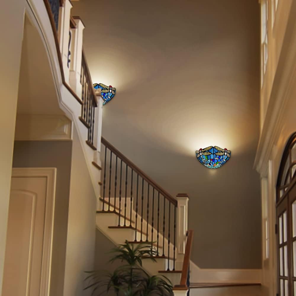 Capulina Tiffany Lamp Stained Glass Wall Sconce 2-Light 12" Wide Vintage Blue Dragonfly Tiffany Style Wall Lamp Wall Light for Hallway Stairway Bedroom Cinema Home Office