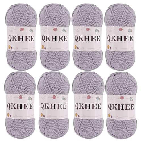 Image of QKHEEYarn for Crocheting and Knitting 8 * 1.76 Oz (50G) /195yd, Fine /Fingering Weight (1), 60% Cotton 40% Acrylic Soft Yarn kit for Making Granny Squares and amigurumi (Light Gray)
