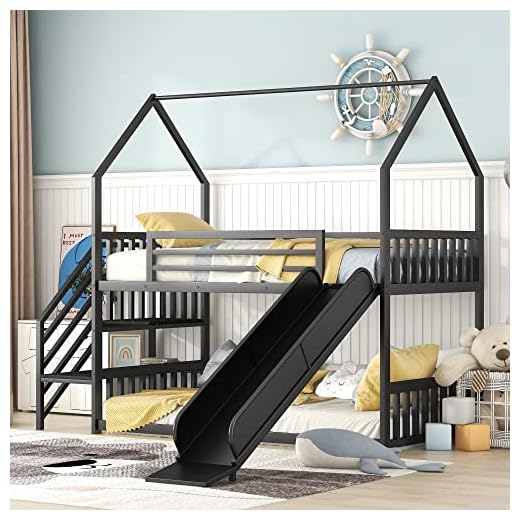Merax Twin Over Twin Metal Bunk Bed, House Bed with Slide and Staircase, Black