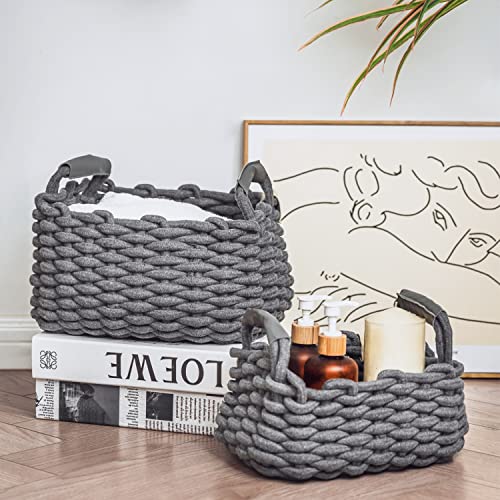 Art Pinecone 2-Piece Rectangle Nursery Basket, Cotton Rope Foldable Baskets, Hand Woven Storage Bins For Jewelry, Remote, Fruits, Cute Woven Storage Basket For Closet, Shelf Storage Basket (Stone Grey) #TOP8