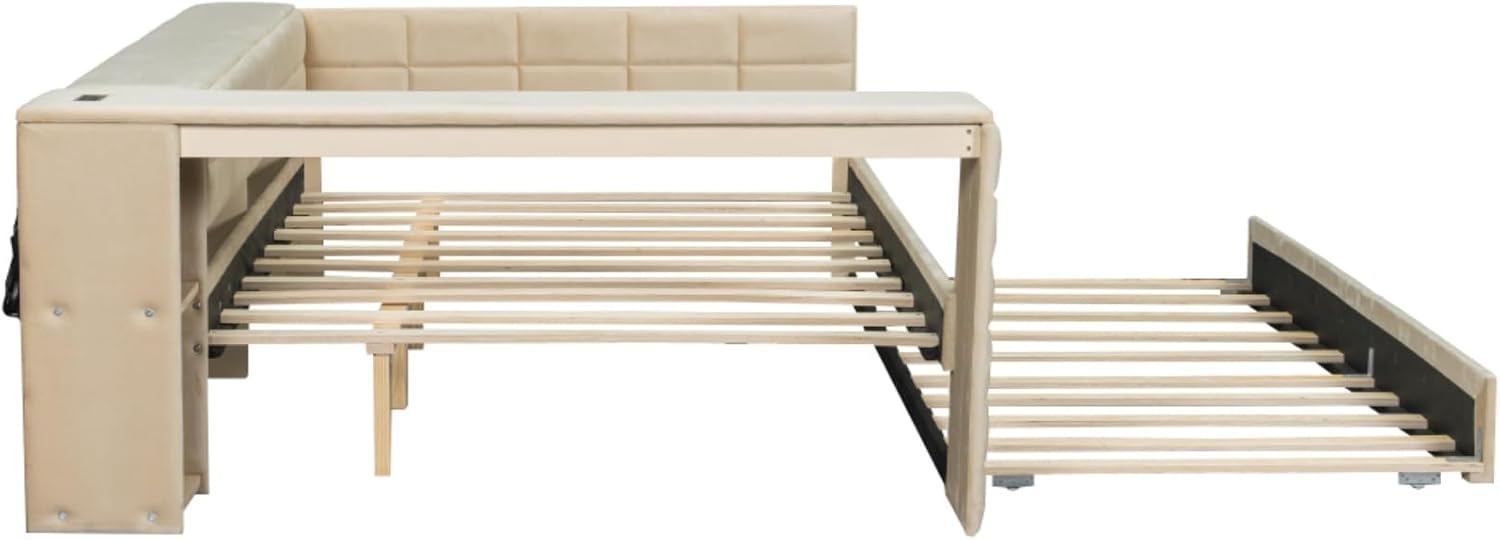 Full Size Upholstered Daybed with Trundle and Desk Built-in USB Charging Station, Velvet Day Bed Frame with Storage Shelves, No Box Spring Needed for Boys Girls Kids Adults, Beige