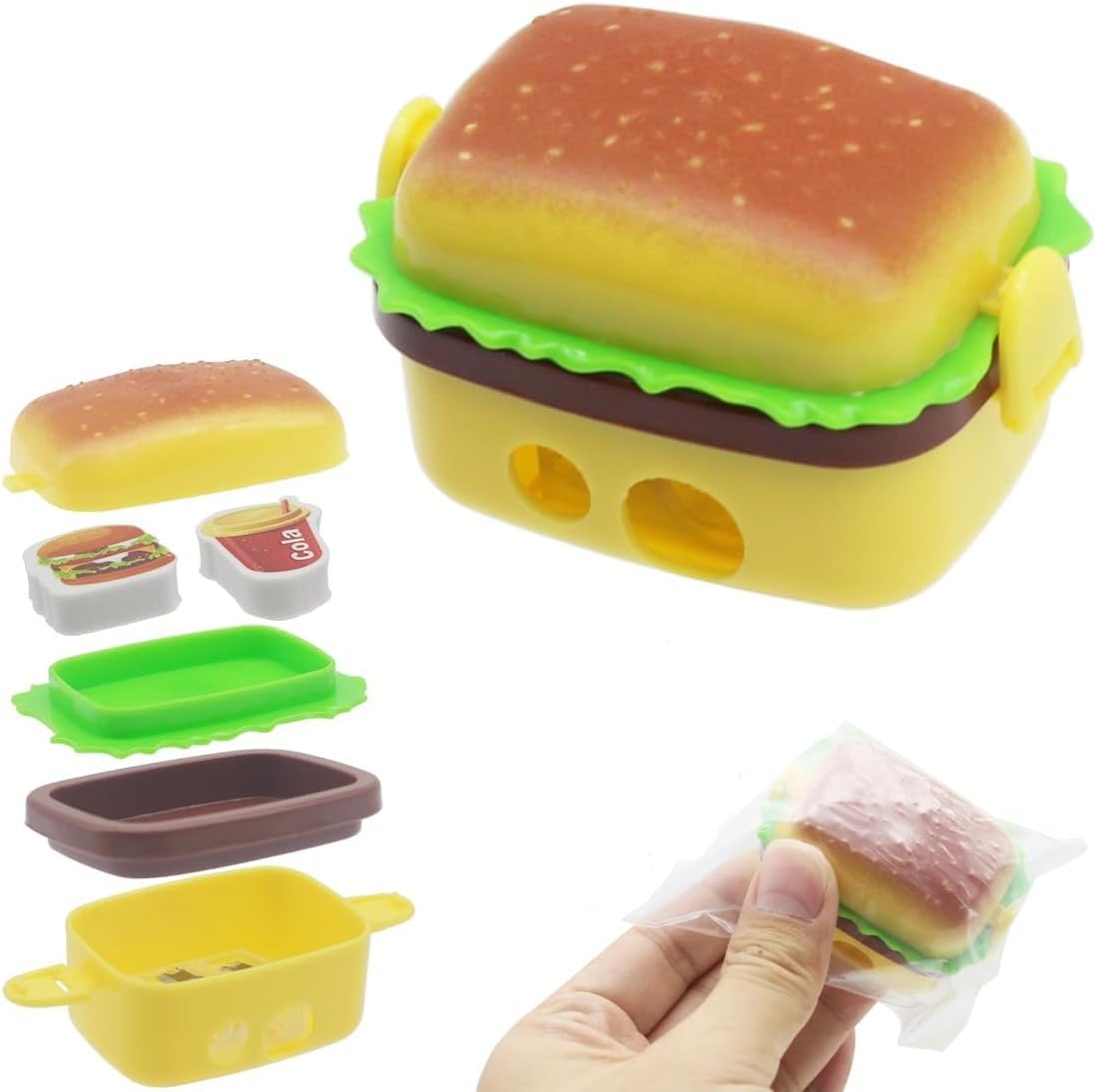 VR Creatives Hamburger Pencil Sharpener, Dual-Hole Plastic Portable Cute Pencil Sharper with Container & 4 Eraser for Kids 2 Pack