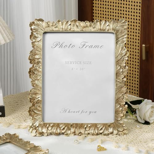 8x10 Picture Frame Vintage Gold Frames, Elegant Photo Frame with Glass Front, Palm Leaves Textured Hand-Crafted Resin Frame for Wall and Tabletop Display Home Decor