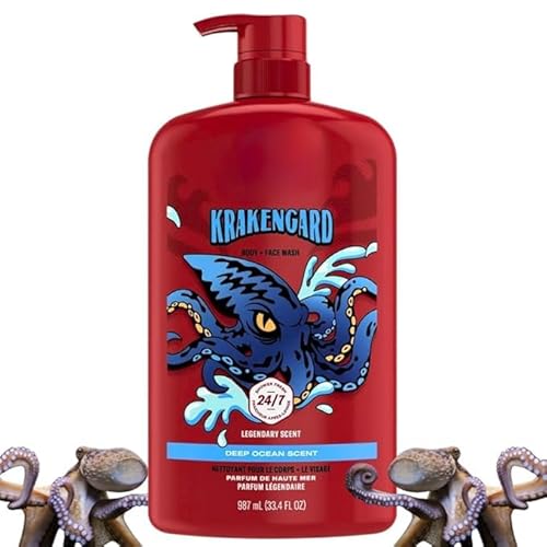 Men’s 2-in-1 Face and Body Wash with Deep Ocean & Krakengard-Inspired Scent, Rich Lather for 24/7 Freshness, Compatible with Popular Men’s Shower Clean Body Wash Brands, 33.4oz