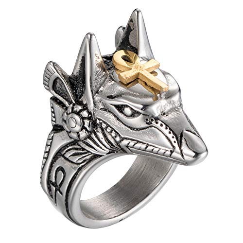 PAURO Anillo para Homre Acero Inoxidable Antiguo Dios Egipcio Anubis Amuleto Lobo Cabeza con Oro Ankh Cruz Tamaño 14