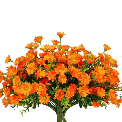 alyptus 8 Bundles Artificial Flowers for Outdoors Faux Mums UV Resistant Plastic Fall Plants Fake Greenery Orange Daisy Bulk for Home Gardenr Window Box Pathway Plante Wedding Decor (Orange)