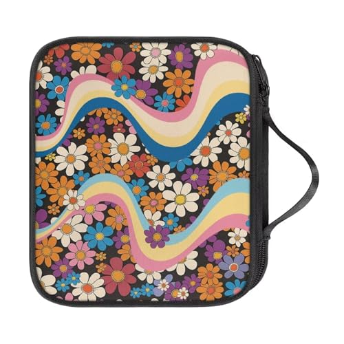Hechitok Hippie Flower Crochet Hooks Case with Handle Zipper Bags Portable Crochet Storage Bag with Web Pocket and Crochet Holder Slots for Carrying Various Crochets Needles