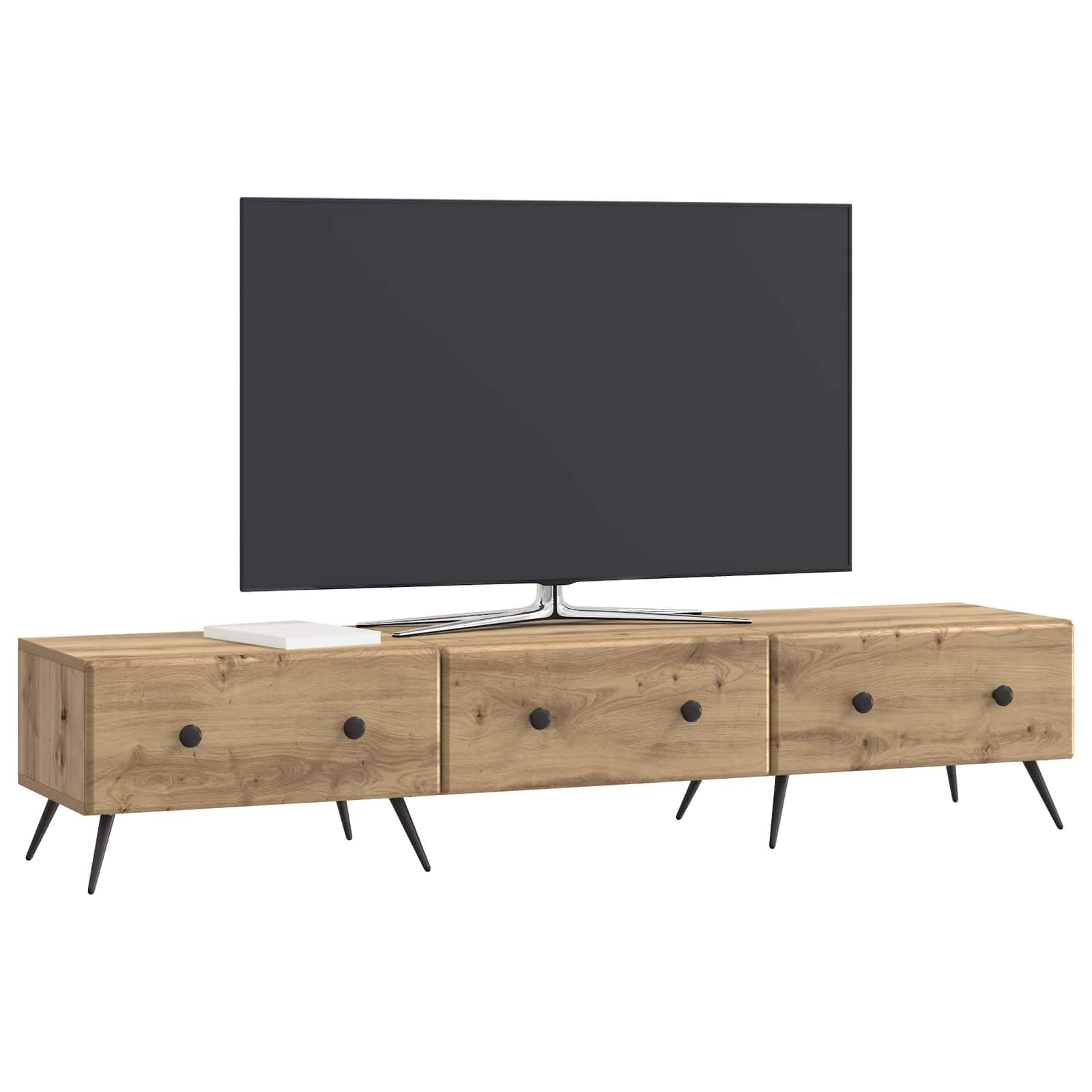 Hothingwell Szafka pod telewizor 147 x 34,5 x 30 cm dąb rzemieślniczy drewno inżynieryjne | Nowoczesny design, półki i szuflady, przechowywanie DVD, uchwyt na ekran, wymagany montaż