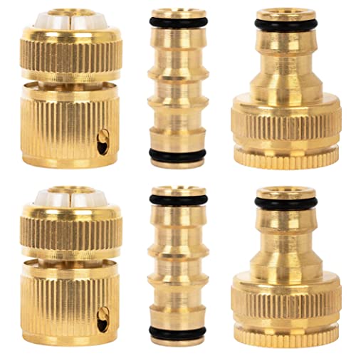 BLOSTM Brass Garden Hose Connector 6 Pack - Rustproof Hose Fittings & Connectors Set with 2 Double Male Connector, 2 x Hose ½” End Quick Connect, 2 x ½” Hose Tap Connectors - Fits Most Hoses