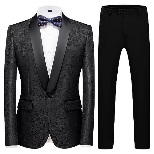 Mens Suit Slim Fit 2 Piece Formal Skinny Floral Tuxedo Suit Set Shawl Lapel for Wedding Dinner Party