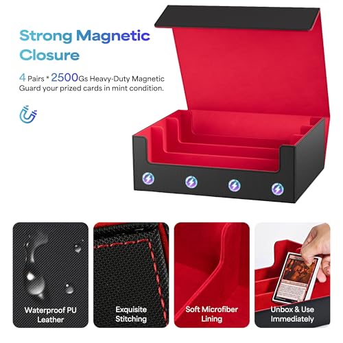 Image of UAONO Trading Card Storage Box, Holds 1800 Sleeved Cards with 10 Dividers & 3 Stoppers, Magnetic Closure PU Leather Card Case for MTG, PTCG, YGO, Sports Cards (Black&red)