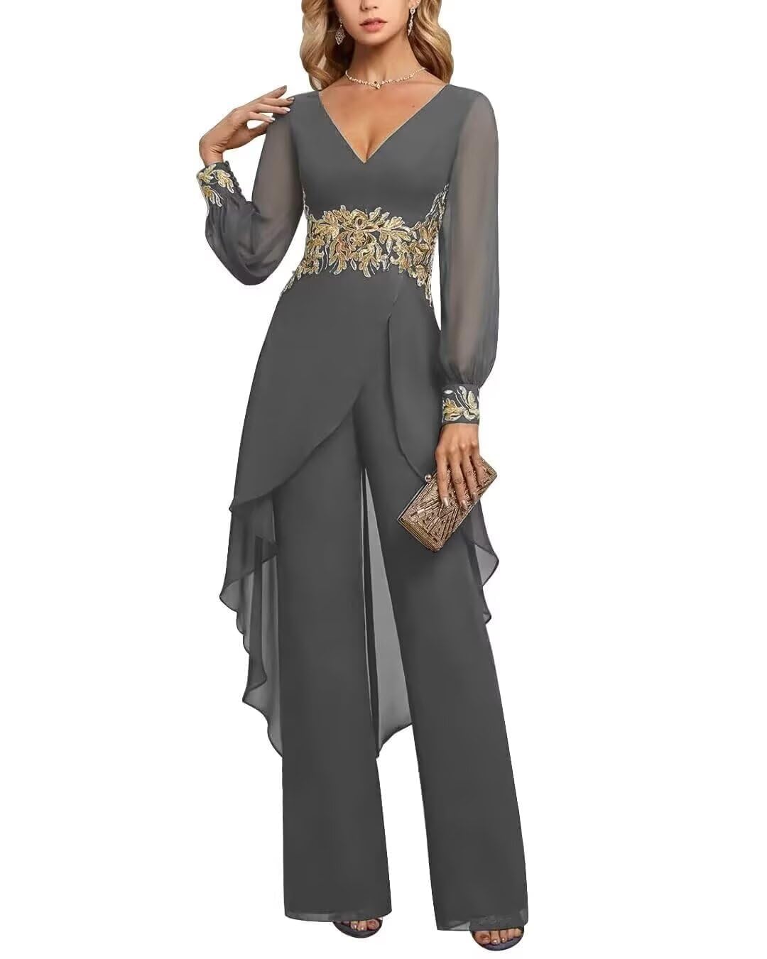2 Pcs Pant Suits for Women Dressy - Gold Embroidery Chiffon Long Sleeve Mother of The Bride Pantsuit