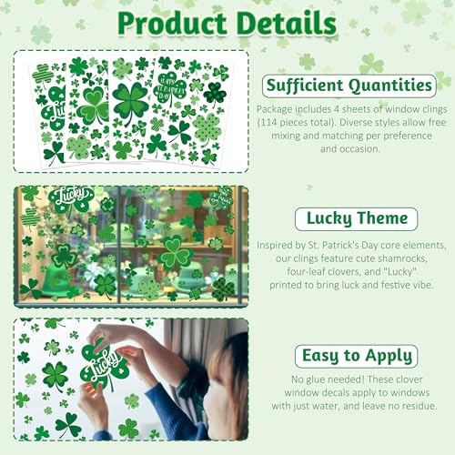 Image of 120 PCS St Patricks Day Decorations, 4 Sheets St Patricks Day Window Clings with Polka Dots Stripes Plaid Patterns, Double-Sided Green Party Decorations, Shamrock Window Clings for Home Decor