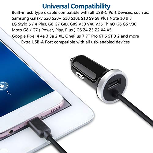 Image of Fast Car Charger for Samsung Galaxy A57 A37 S26 S25 S24 S23 S22 S21 A17 A56 | A36 A26 A16 A15 A25 A35 A55 A54 A14 A53 Z Fold7 Z Flip7,3.4A USB C Car Adapter with Built-in 3ft Type C Fast Charging Cable
