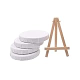 RayLineDo Set of 4pcs Mini Round Shaped Artist Blank Canvas Frame 4inch (10cm) Oil Water Painting Board Flat Canvas with 1pc Mini Wood Display Easel