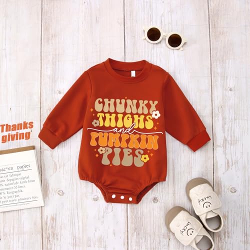 SOFEON Infant Baby Girls Thanksgiving Romper Chunky Thighs And Pumpkin Pies Outfits Bubble Sweatshirt Onesie Fall Clothes4