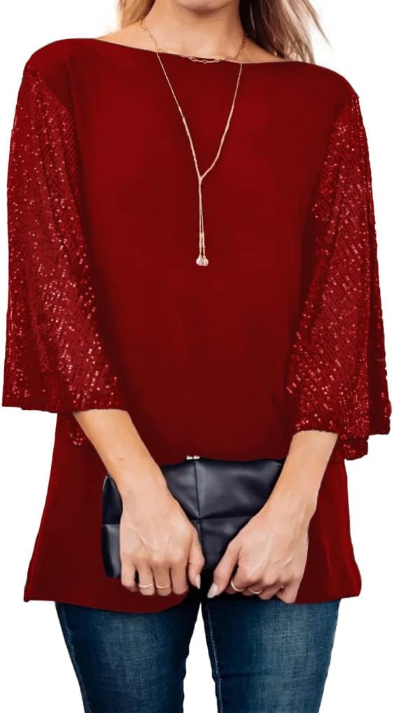 Womens Flutter Sleeve Boatneck Sparkly Holiday Party Blouse Casual Loose Sequin Tunic Tops