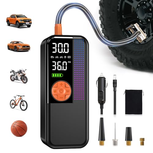 Image of Portable Tire Inflator Air Compressor, 150 PSI Cordless Air Pump, 6000mAh Battery & 12V Car Outlet, Digital Pressure Gauge, Auto Shut-Off, Fast 24L /Min, LED Light, 4 Preset Modes for Car, Bike, Balls
