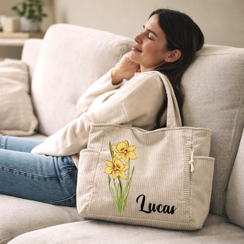 Bolso Tote de pana personalizado con flor de nacimiento para mujer miniatura 6