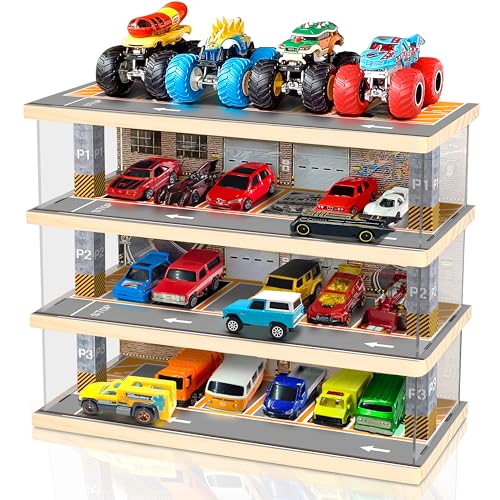 Storage Display Garage Compatible with Hot Wheels - Toy Car Garage with Lights, Freestanding Display Case, Parking Garage Diorama for 1/64 Scale Diecast Cars with 4 Levels 24 Spots Maximum 40 Cars