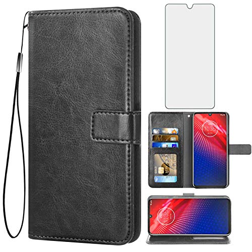 Asuwish Compatible with Moto Z4/Moto Z 4 Play/MotoZ4 Force Wallet Case Tempered Glass Screen Protector Card Holder Accessories Phone Cases for Motorola 4Z Motoz4cases MotoZ4Play XT1980-4 2019 Black