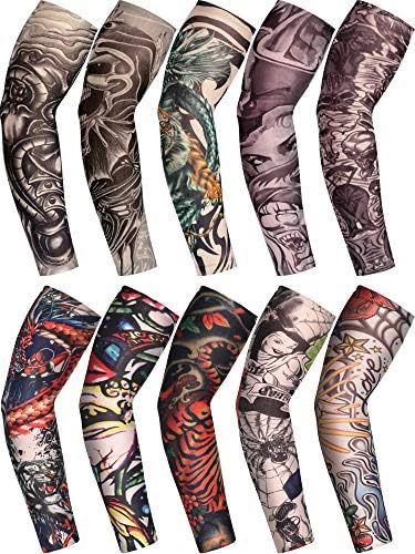 Boao 20 Pcs Men&#39;s Cooling Arm Sleeves Long Fingerless Arm Cover Anti Slip UV Protection Sun Temporary Tattoo Arm Sleeves
